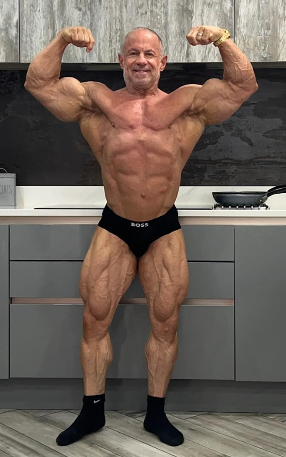 James Llewellin bodybuilder training comeback age 52 PCA Universe prep front double bicep