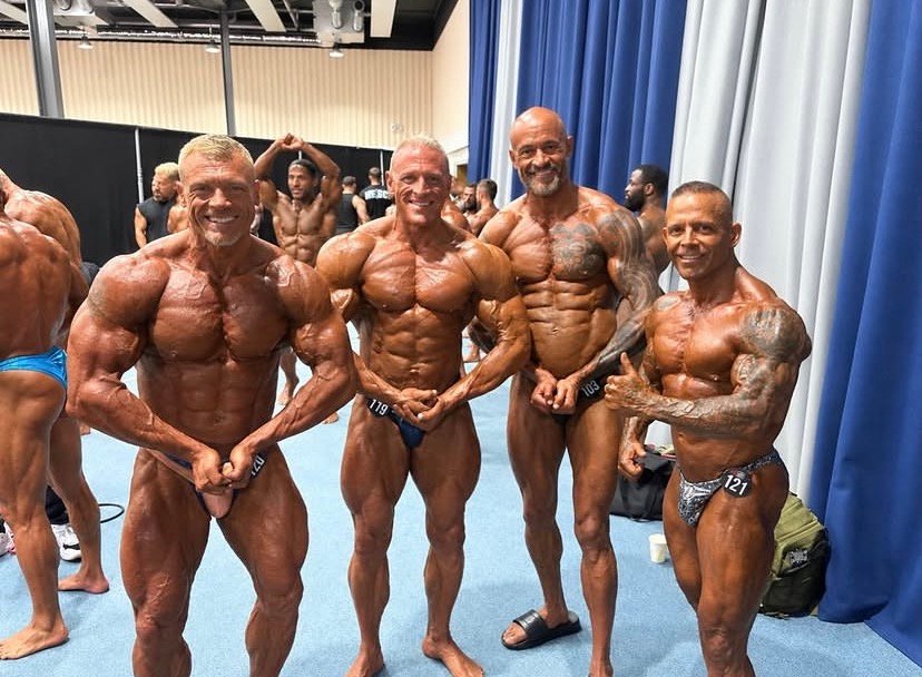 2Bros Physique Pro Open Masters Over 50 left to right, Jamie Anthony, Gary Chappell, Leon Burgess, Brett Smith